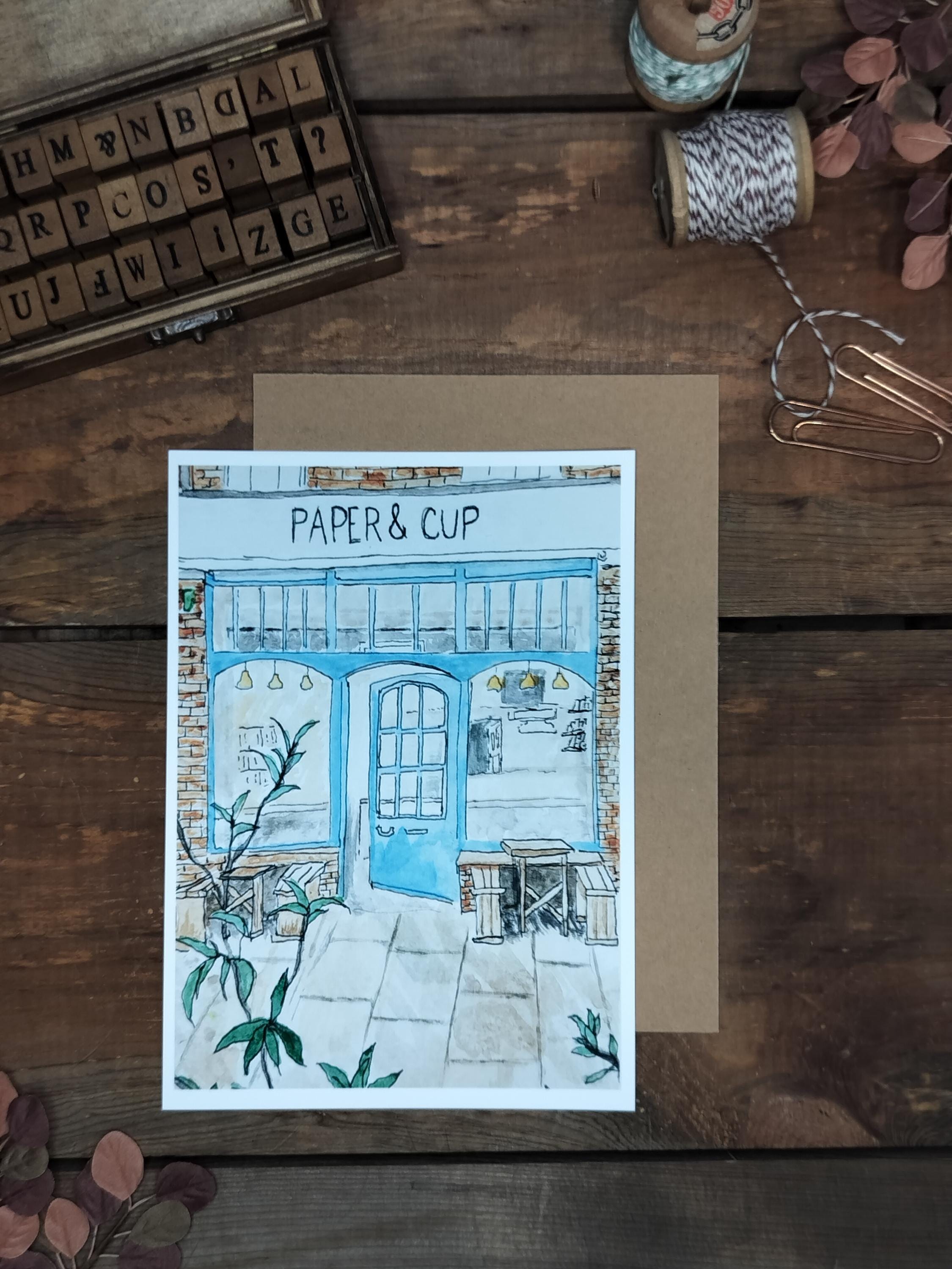 London Cafe Watercolor Art Print: "Paper & Cup"