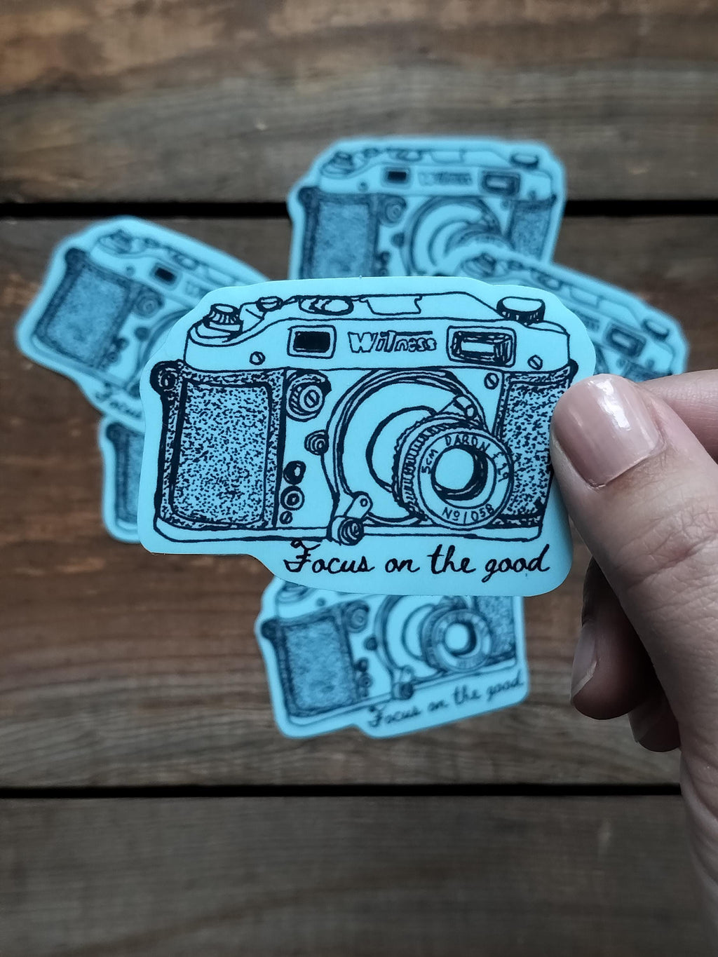 Hand Drawn Camera Sticker: Vintage Style Blue Camera, "Focus on the Good"