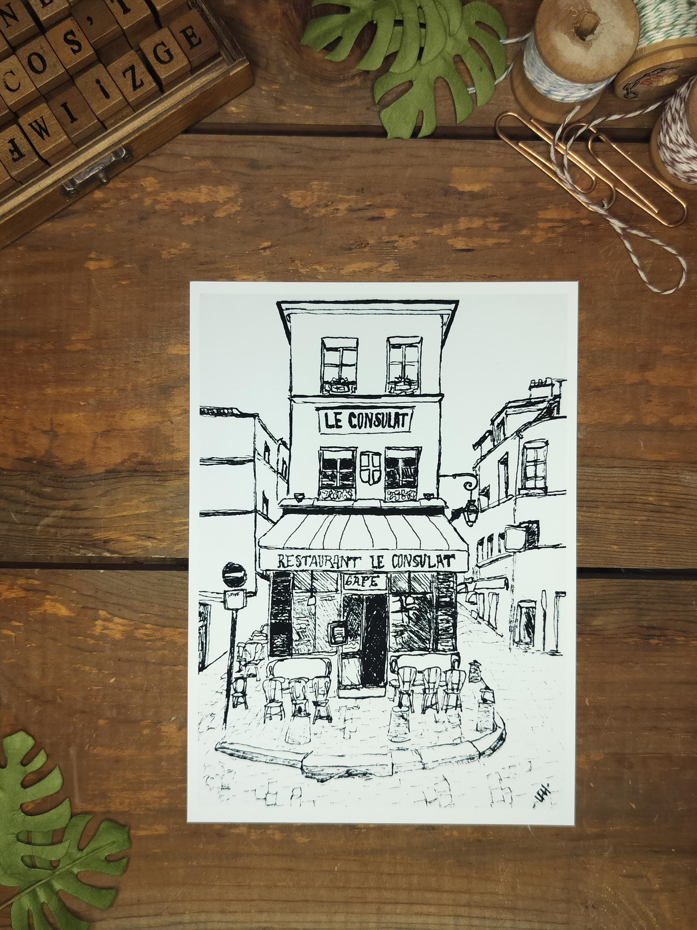 Cafe | Art Print | Original Drawing | Le Consulat | Paris Cafe | VanGogh | Claude Monet |