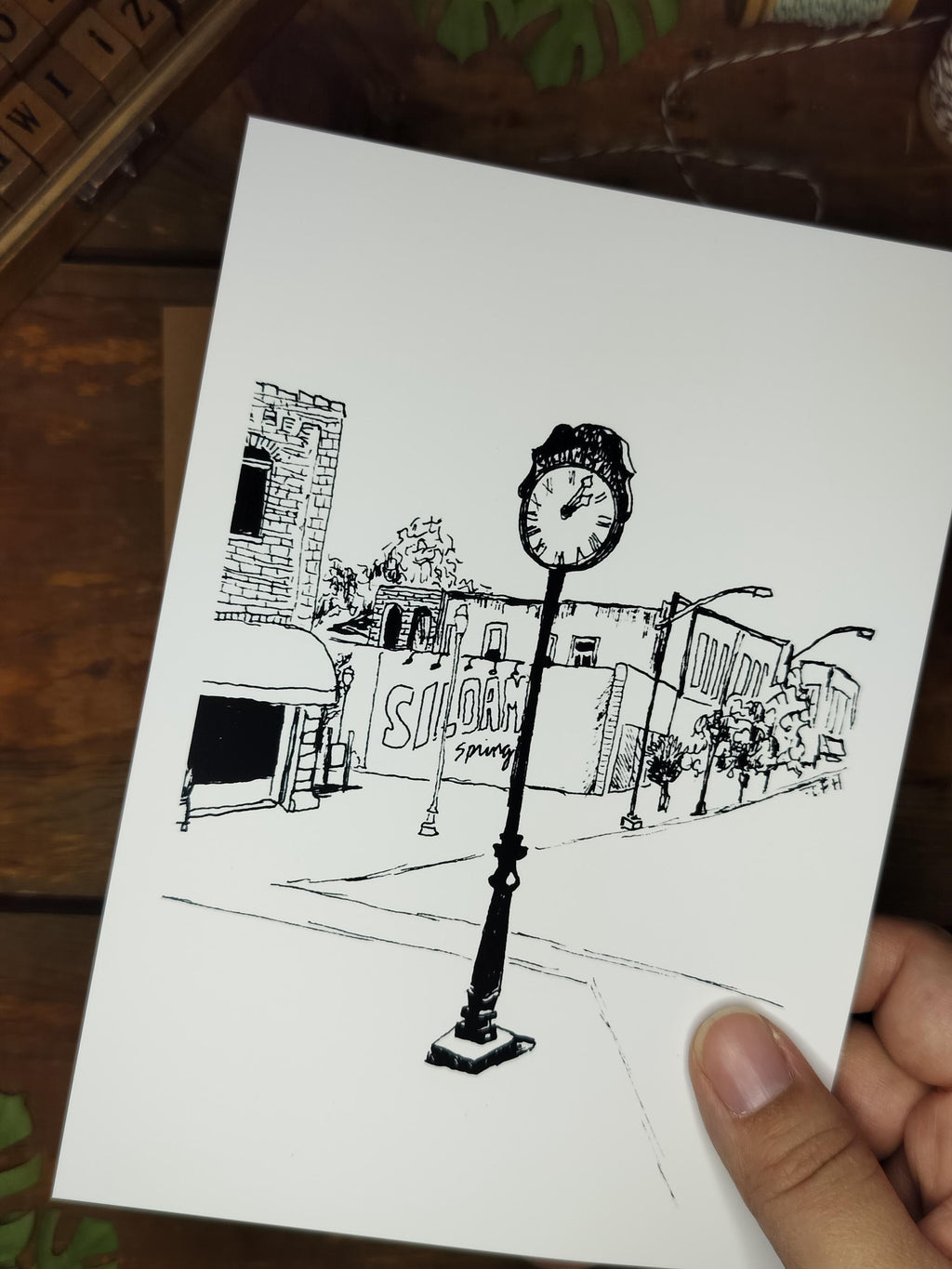 Streetscape | Sketch Art Print | Original Drawing | Citizens Clock | Siloam Springs | Arkansas |