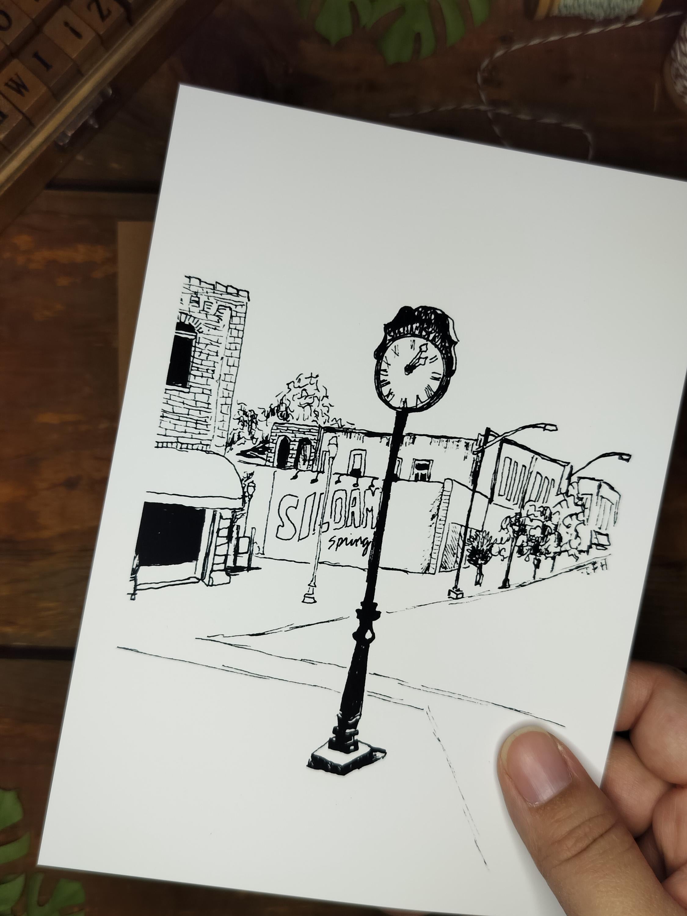 Streetscape | Sketch Art Print | Original Drawing | Citizens Clock | Siloam Springs | Arkansas |