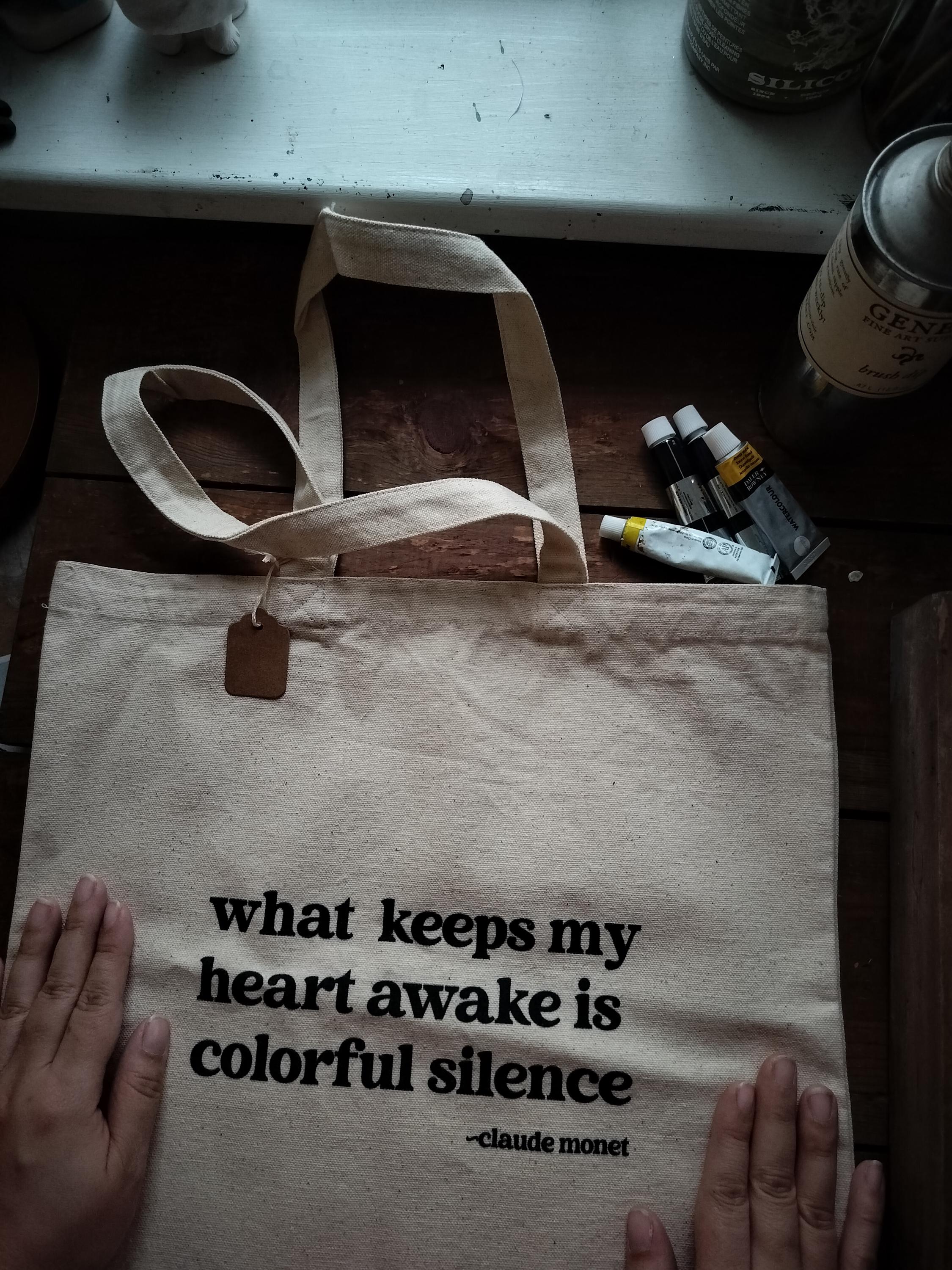 Claude Monet Quote Tote Bag: "Colorful Silence" Cotton Canvas