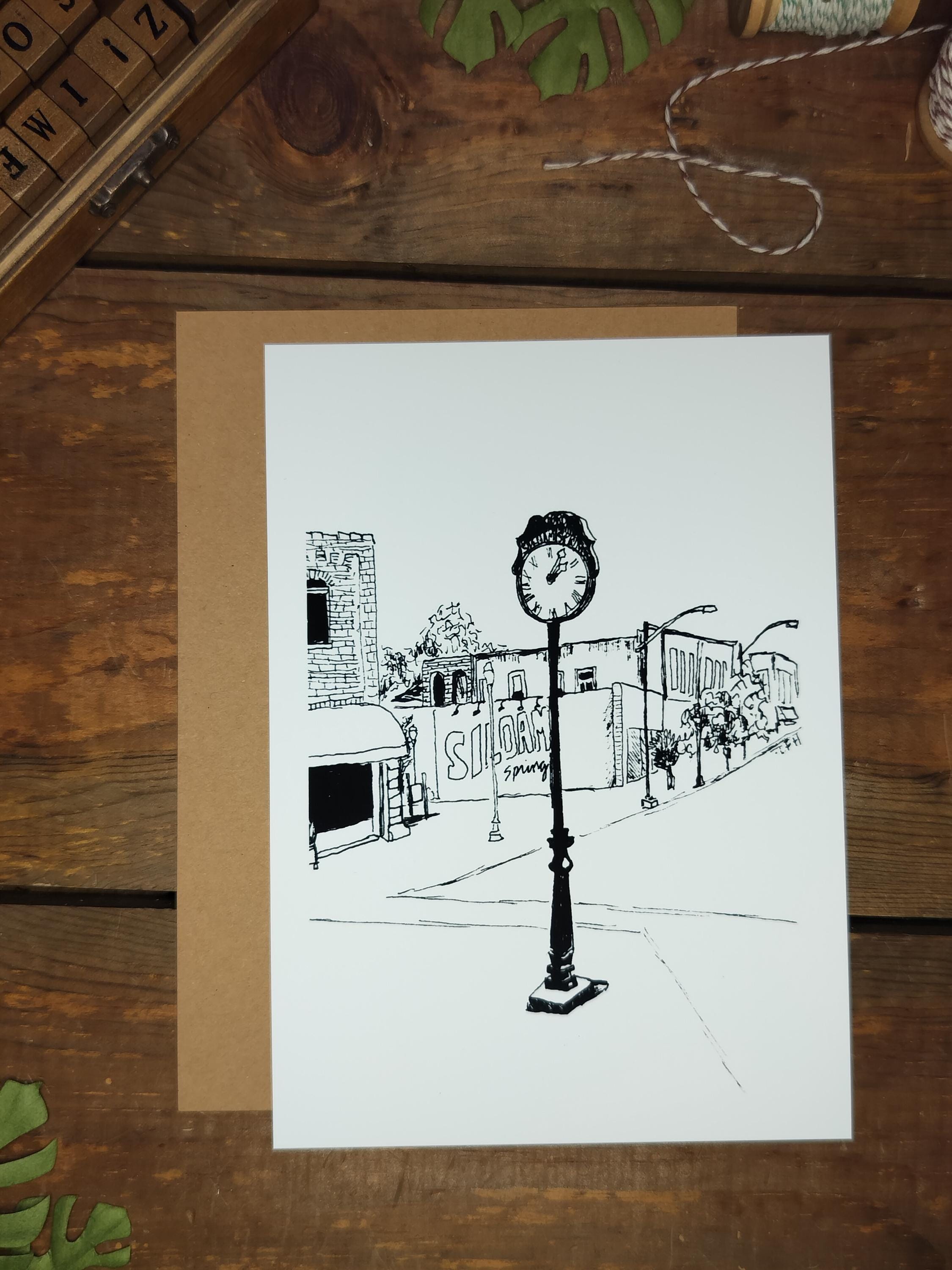 Streetscape | Sketch Art Print | Original Drawing | Citizens Clock | Siloam Springs | Arkansas |