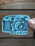 Hand Drawn Camera Sticker: Vintage Style Blue Camera, "Focus on the Good"