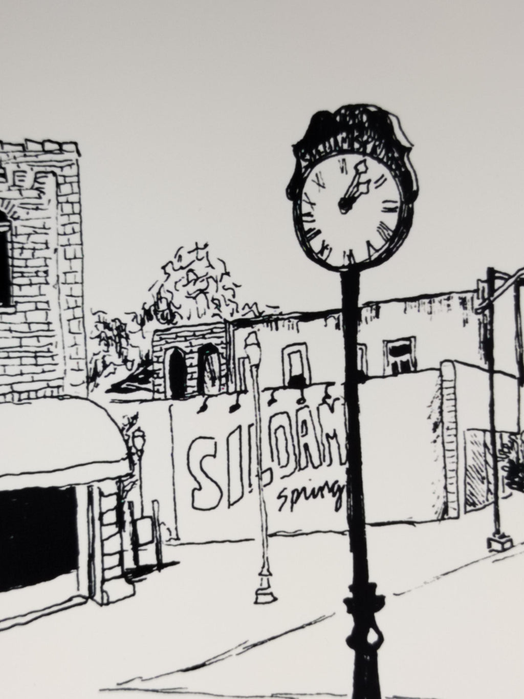 Streetscape | Sketch Art Print | Original Drawing | Citizens Clock | Siloam Springs | Arkansas |