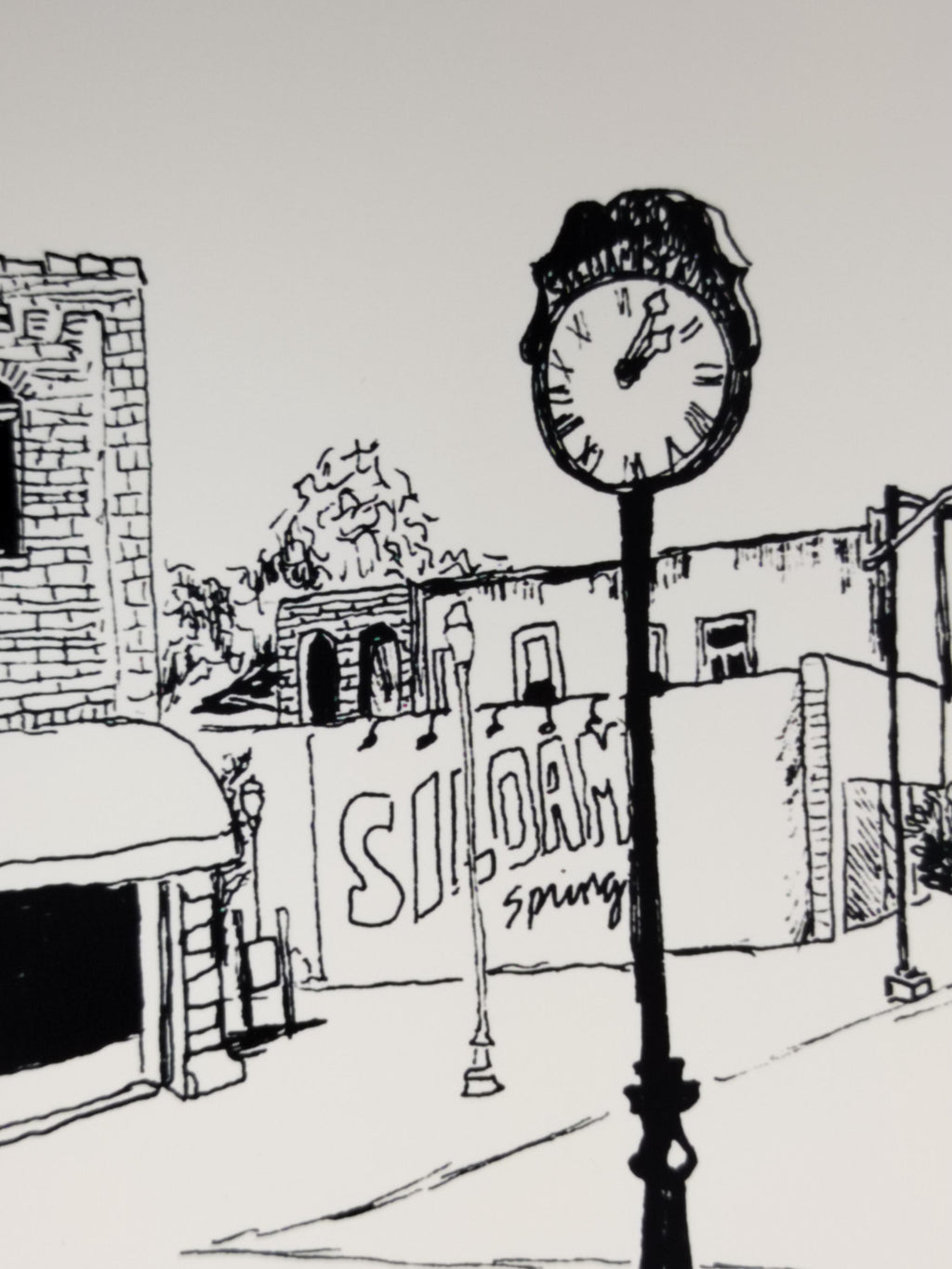 Streetscape | Sketch Art Print | Original Drawing | Citizens Clock | Siloam Springs | Arkansas |